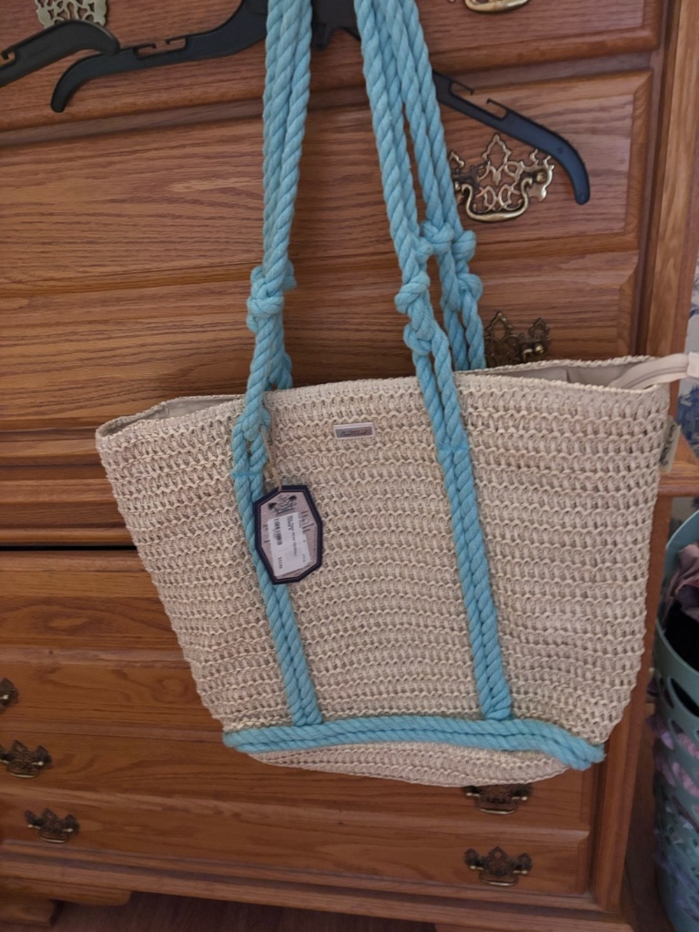 Woven Straw Tote with Aqua Rope Handles - Women's Beach Bag